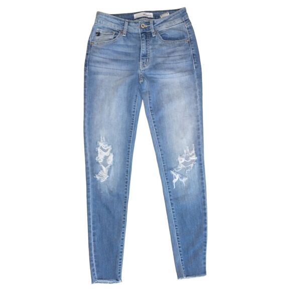 Kancan Women's "Cassandra" Mid Rise Super Skinny Frayed Distressed Sz 23 Raw Hem - Picture 6 of 13